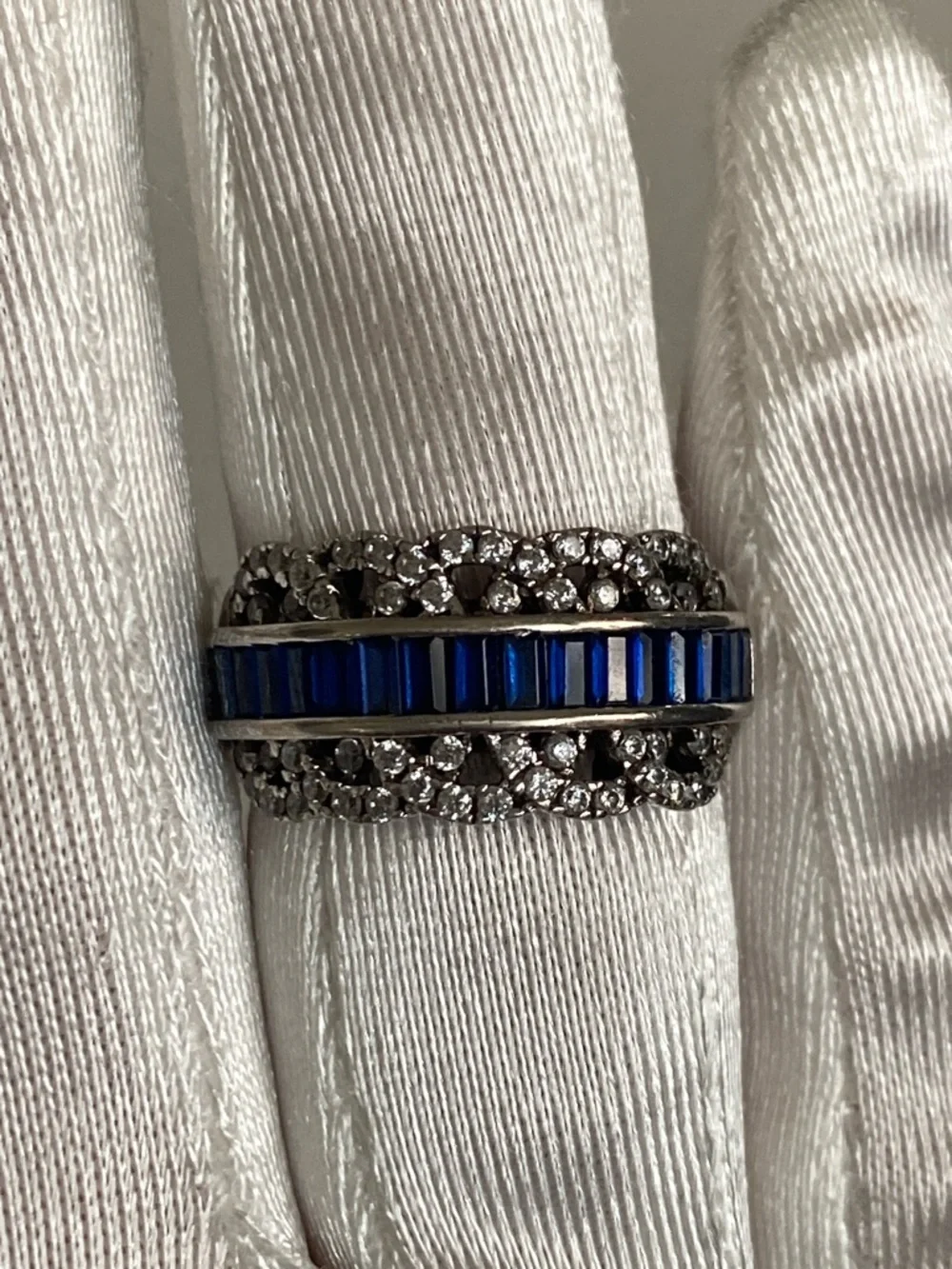 18K White Gold Plated Lab Blue Sapphire & 1/4 TCW Diamond Filigree Ring Sz 7